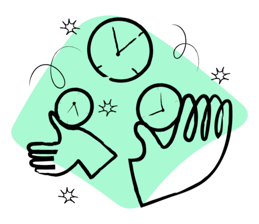 An illustration of hands juggling clocks