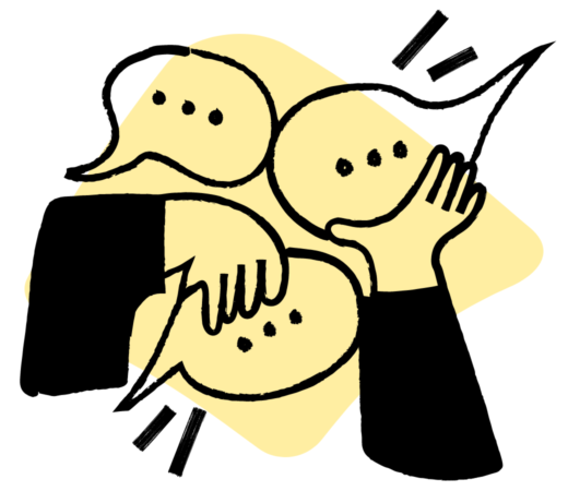 An illustration of hands trying to get hold of speech bubbles