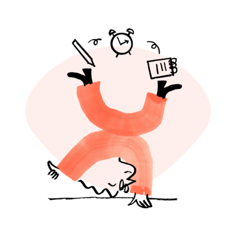 An illustration of Quinn doing a handstand while juggling a notepad, a pencil, and an alarm clock