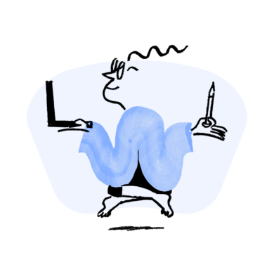 An illustration of Quinn levitating while sitting cross-legged, holding a laptop on one hand and a pencil on the other
