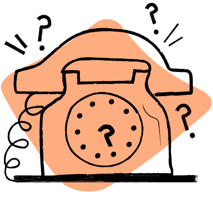 An illustration of a telephone surrounded by question marks