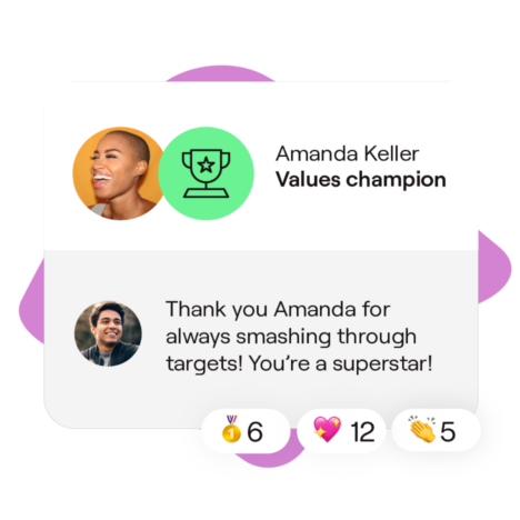A widget showing Amanda Keller as a Values Champion with a comment congratulating her and some emoji reactions on the comment