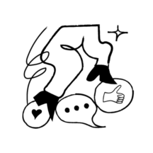 An illustration of legs jumping over speech bubbles of a heart, an ellipsis, and a thumbs up