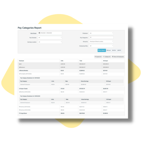 A dashboard showing details for Pay Categories Report