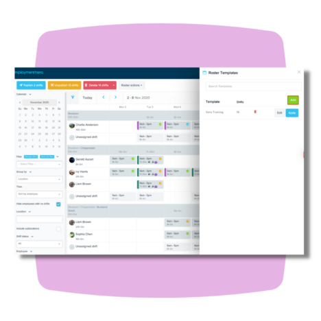 A dashboard showing payroll rostering template