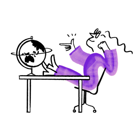 An illustration of Quinn sitting with their feet up on the table, pointing to a globe