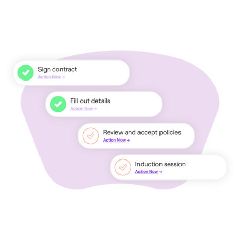 Progress tracker for onboarding tasks containing: Sign contract, Fill out details, Review and accept policies, and Induction session
