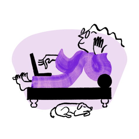 An illustration of Quinn resting while pressing a button on the laptop, a dog resting by their feet