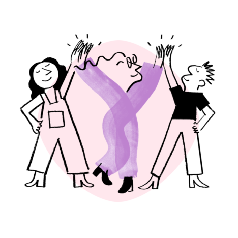 An illustration of Quinn giving highfives to two people