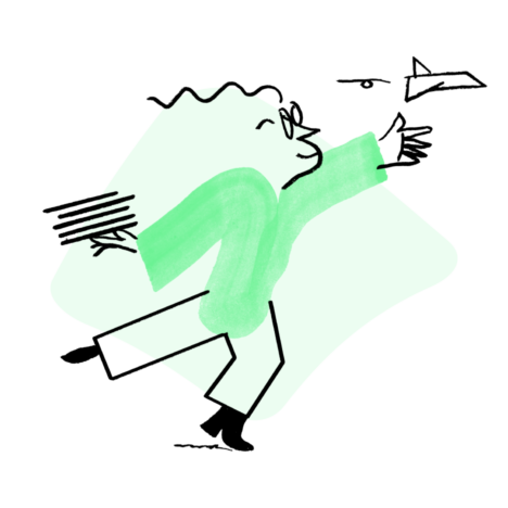 An illustration of Quinn setting a paper plane and holding a stack of papers on one hand