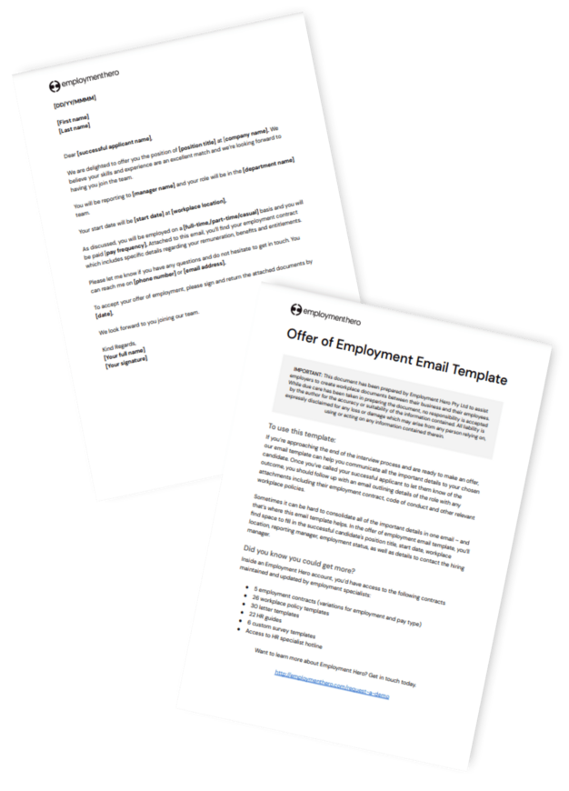Preview of 'Offer of Employment Email Template,' providing a structured format for extending job offers to candidates.