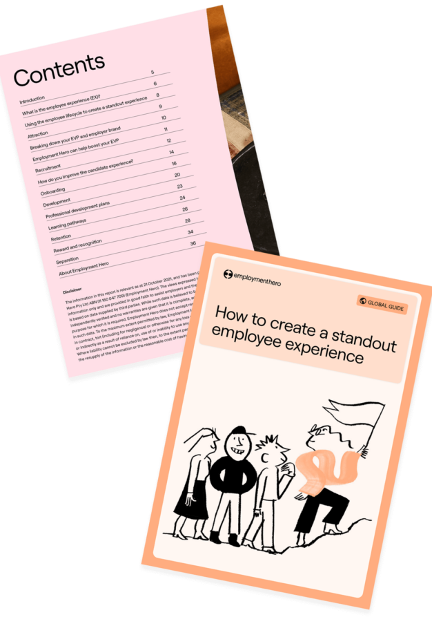 Cover and contents page of the 'How to Create a Standout Employee Experience' guide, featuring strategies and tips for enhancing employee engagement and satisfaction.