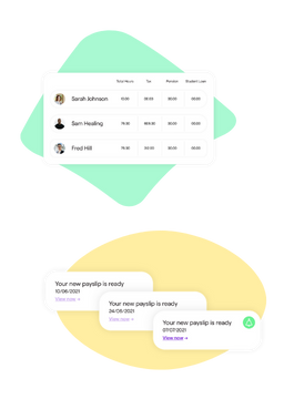 Two widgets showing a table view of employee details and a set of notification cards alerting that the new payslip is ready