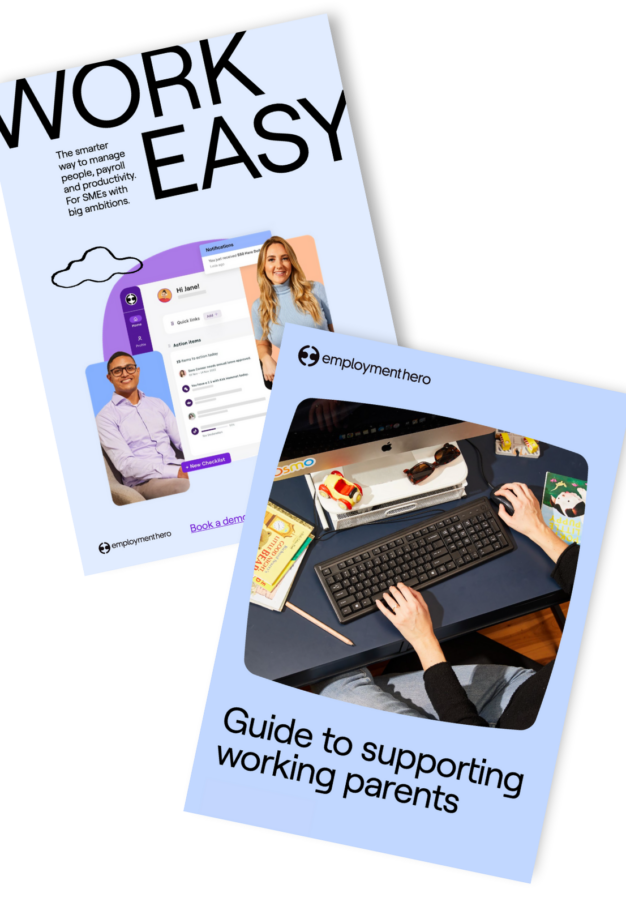 Two covers: 'Work Easy' showcasing a workplace management platform with cloud-based features, and 'Guide to Supporting Working Parents' featuring a desk setup with a computer, books, and personal items