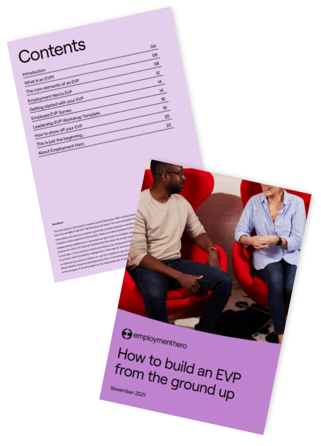 Cover and contents page of a guide titled 'How to Build an EVP from the Ground Up,' featuring an image of two professionals seated and engaging in discussion.