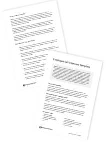 Two-page document titled 'Employee Exit Interview Template' by Employment Hero, featuring a template for conducting exit interviews and tips for effective communication