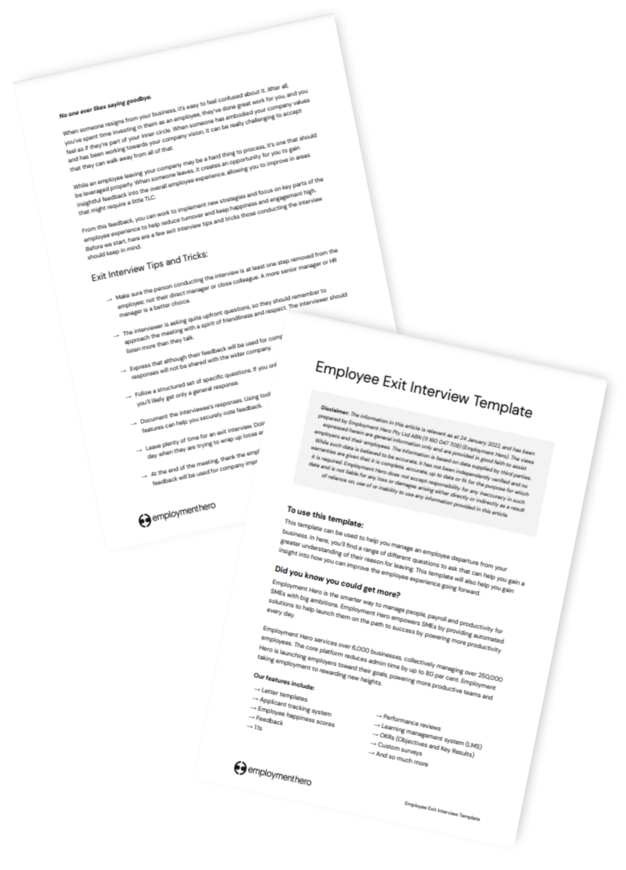 Two-page document titled 'Employee Exit Interview Template' by Employment Hero, featuring a template for conducting exit interviews and tips for effective communication
