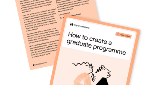Cover of 'How to Create a Graduate Programme' featuring an illustration of two individuals riding a tandem bicycle, alongside an introductory page explaining the benefits and steps to developing a graduate programme.