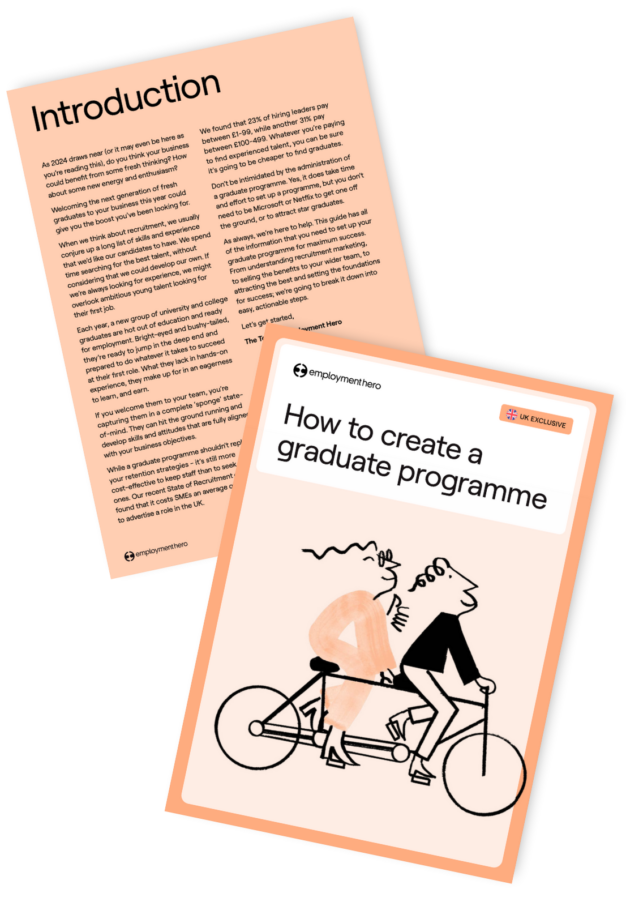 Cover of 'How to Create a Graduate Programme' featuring an illustration of two individuals riding a tandem bicycle, alongside an introductory page explaining the benefits and steps to developing a graduate programme.