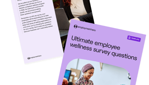 Two-page guide titled 'Ultimate Employee Wellness Survey Questions' by Employment Hero. The cover features a group of diverse employees in discussion, while the second page includes an introduction with a portrait of a smiling employee