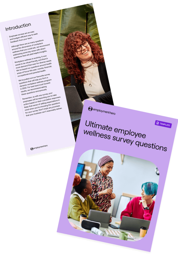 Two-page guide titled 'Ultimate Employee Wellness Survey Questions' by Employment Hero. The cover features a group of diverse employees in discussion, while the second page includes an introduction with a portrait of a smiling employee