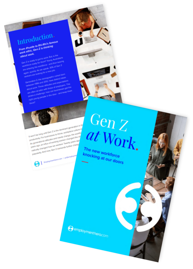 Two-page document titled 'Gen Z at Work: The new workforce knocking at our doors' by Employment Hero. The cover features a bold blue design with an abstract logo and an image of young professionals collaborating. The second page includes an introduction in a bright blue text box and images of workspaces.