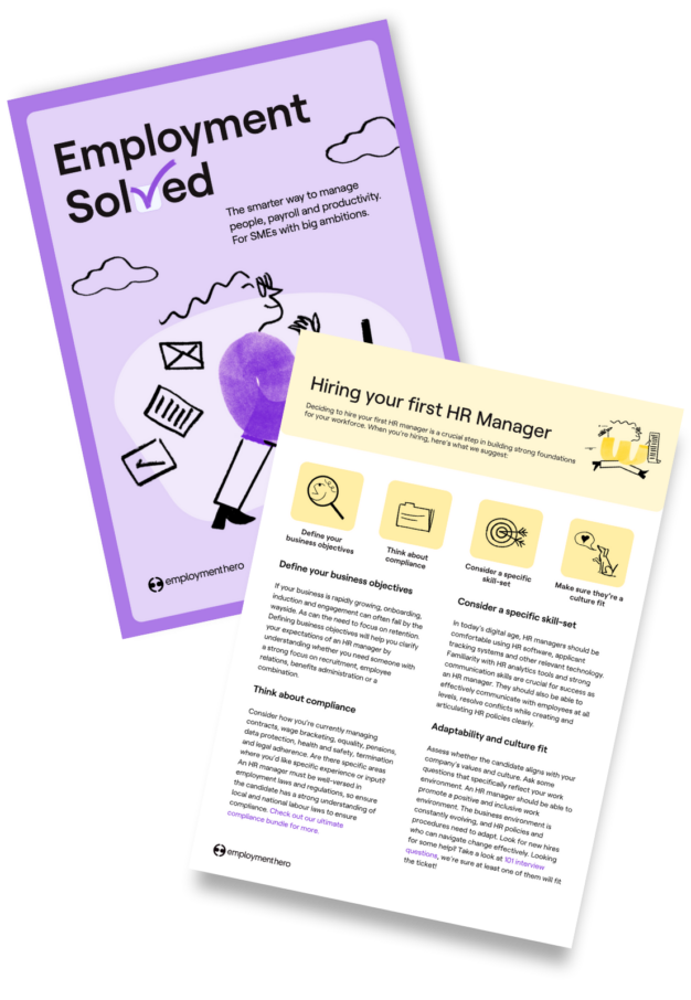 Two-page document titled 'Employment Solved' by Employment Hero. The cover features a purple background with illustrations of a person juggling work tasks and cloud icons. The second page provides a guide on 'Hiring your first HR Manager,' with sections detailing tips and best practices for recruitment and onboarding