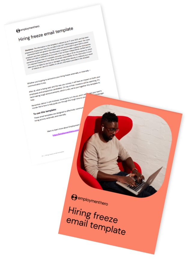 Two-page document titled 'Hiring freeze email template'