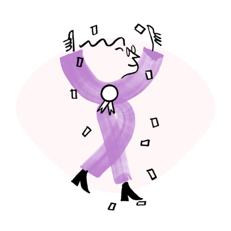 An illustration of Quinn standing in a celebratory pose, two thumbs up as a confetti showers upon them, an awards ribbon on their chest