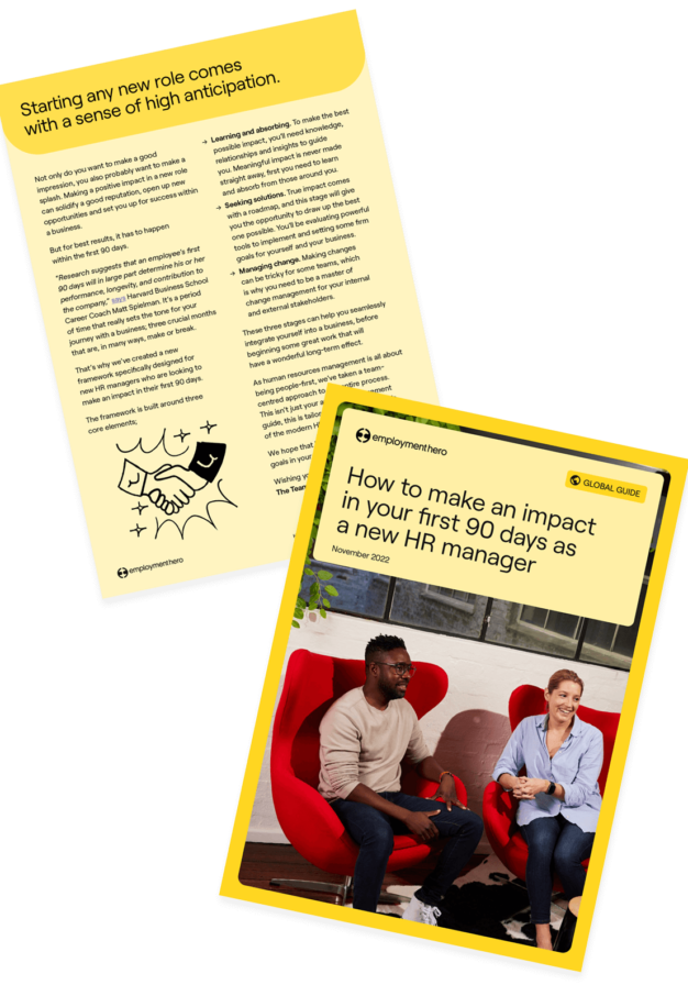 The image displays two pages from a guide titled "How to make an impact in your first 90 days as a new HR manager."