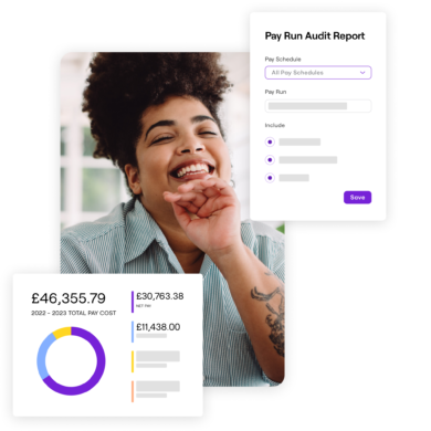 Smiling woman alongside a pay run dashboard showing a pie chart of total pay costs and an overlay of a 'Pay Run Audit Report' form with filters for schedule, pay run, and inclusion options.