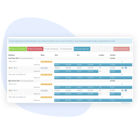 Interface for comparing rostered schedules to timesheets, showing employee names, statuses, start and end times, locations, and durations, with options to approve, decline, or edit entries.