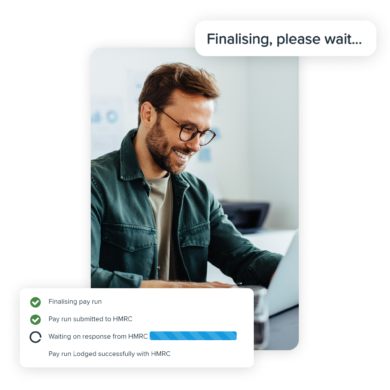 A collage of a man wearing eyeglasses, smiling at his laptop with widgets "Finalising, please wait." and a checklist for finalising pay run