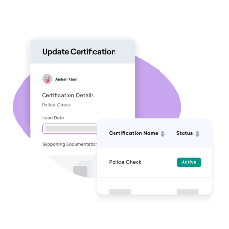 Certification management interface showing details for updating a 'Police Check' certification, including fields for issue date and status marked as 'Active'.