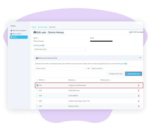 User management interface for editing a user, showing fields for name, email, access type, and a list of assigned businesses with options to assign or remove access.