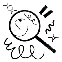An illustration of a smiling magnifying lens surrounded by doodles