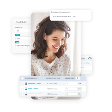 Interface showing pay condition settings, including employment agreements and rules like tags and pay categories, alongside a table of employee pay rates with adjustment options and a smiling woman in the background.