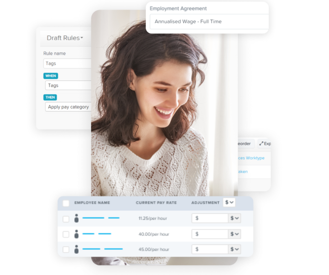 Interface showing pay condition settings, including employment agreements and rules like tags and pay categories, alongside a table of employee pay rates with adjustment options and a smiling woman in the background.
