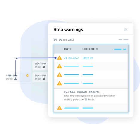 Rota warnings interface highlighting schedule alerts by date and location, with details on potential conflicts such as overtime eligibility and shift compliance issues