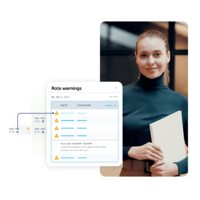 Professional woman holding a folder, alongside a 'Rota Warnings' interface showing alerts for schedule conflicts and compliance issues with dates and locations highlighted.