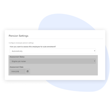 Pension settings interface for configuring employee auto-enrollment, including dropdowns for assessment method, assessment status, and a date field for assessment.