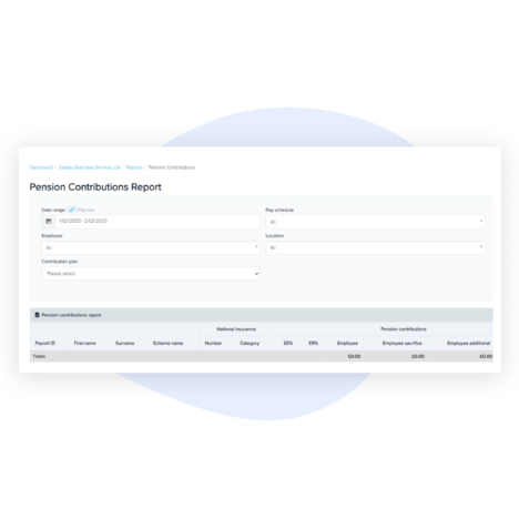 Interface displaying a Pension Contributions Report with fields for date range, pay schedule, and employer information, alongside a detailed table of employee pension contributions.
