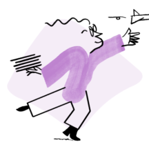 An illustration of Quinn setting a paper plane in motion while balancing a stack of paper in one hand