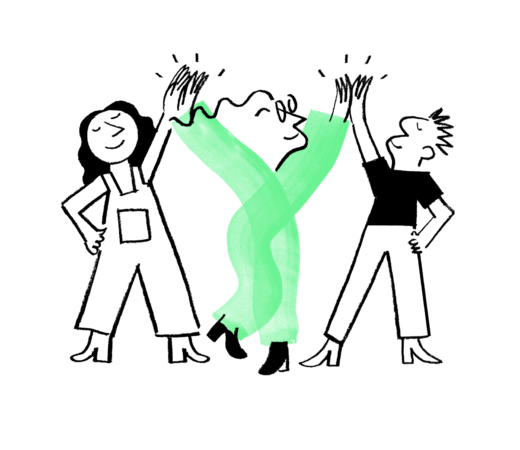 An illustration of Quinn giving highfives to two people