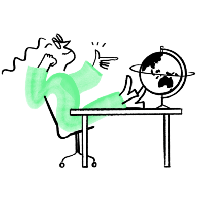 An illustration of Quinn sitting with their feet up, pointing to a globe