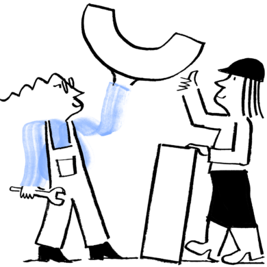An illustration of Quinn holding a wrench as they help an engineer lift a block