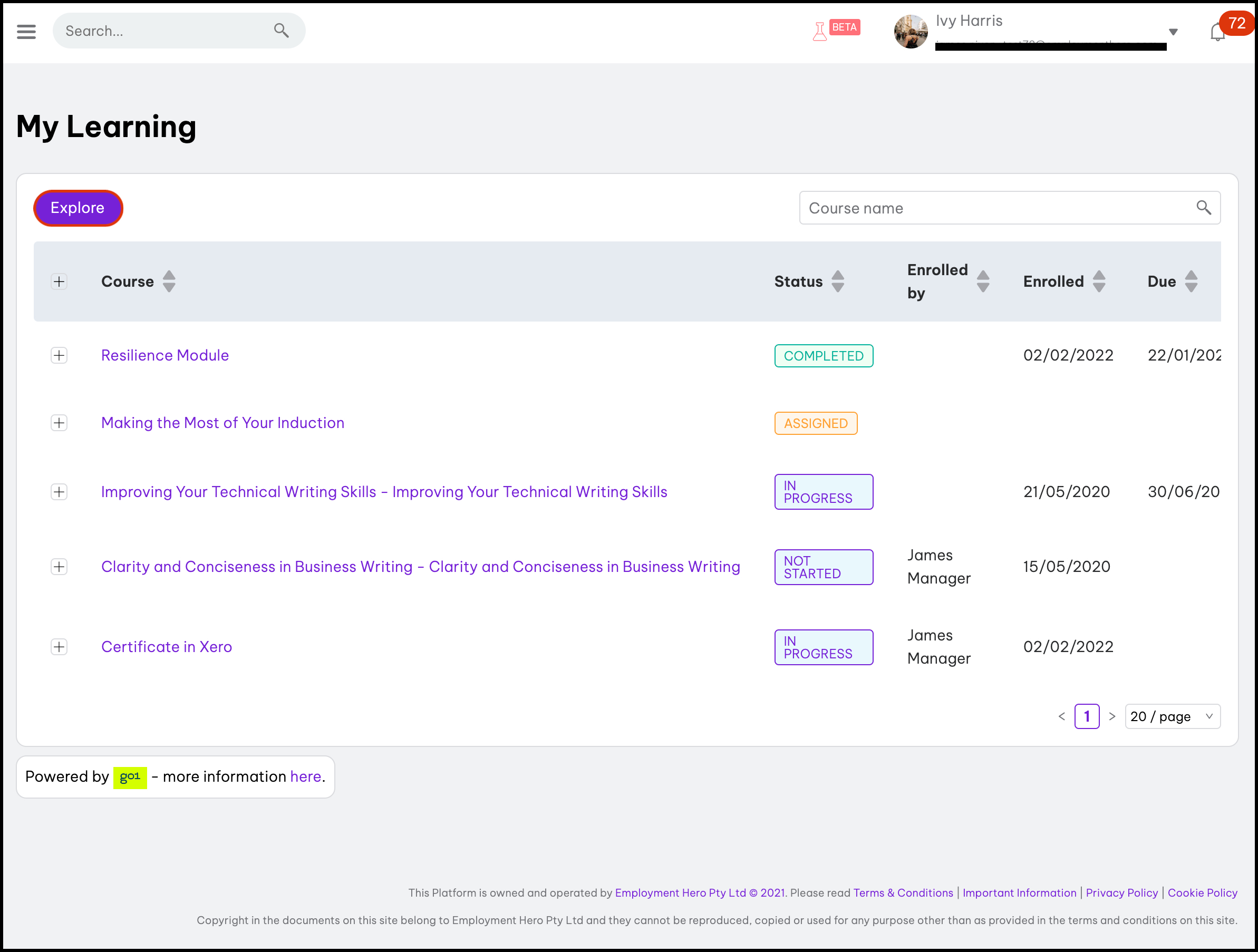 A screenshot of a "My Learning" dashboard, showing five courses with various statuses. The courses listed include “Resilience Module” (Completed), “Making the Most of Your Induction” (Assigned), “Improving Your Technical Writing Skills” (In Progress), “Clarity and Conciseness in Business Writing” (Not Started), and “Certificate in Xero” (In Progress