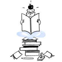 An illustration of Quinn, reading a book and sitting atop of a pile of books, an apple above their head