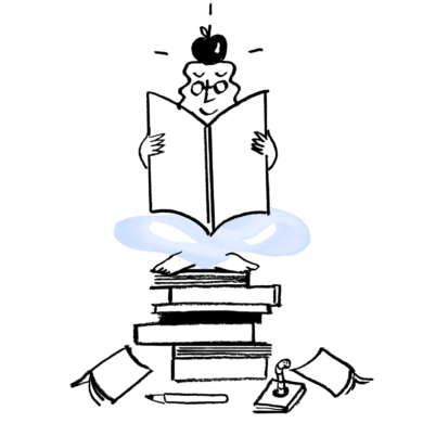 An illustration of Quinn, reading a book and sitting atop of a pile of books, an apple above their head