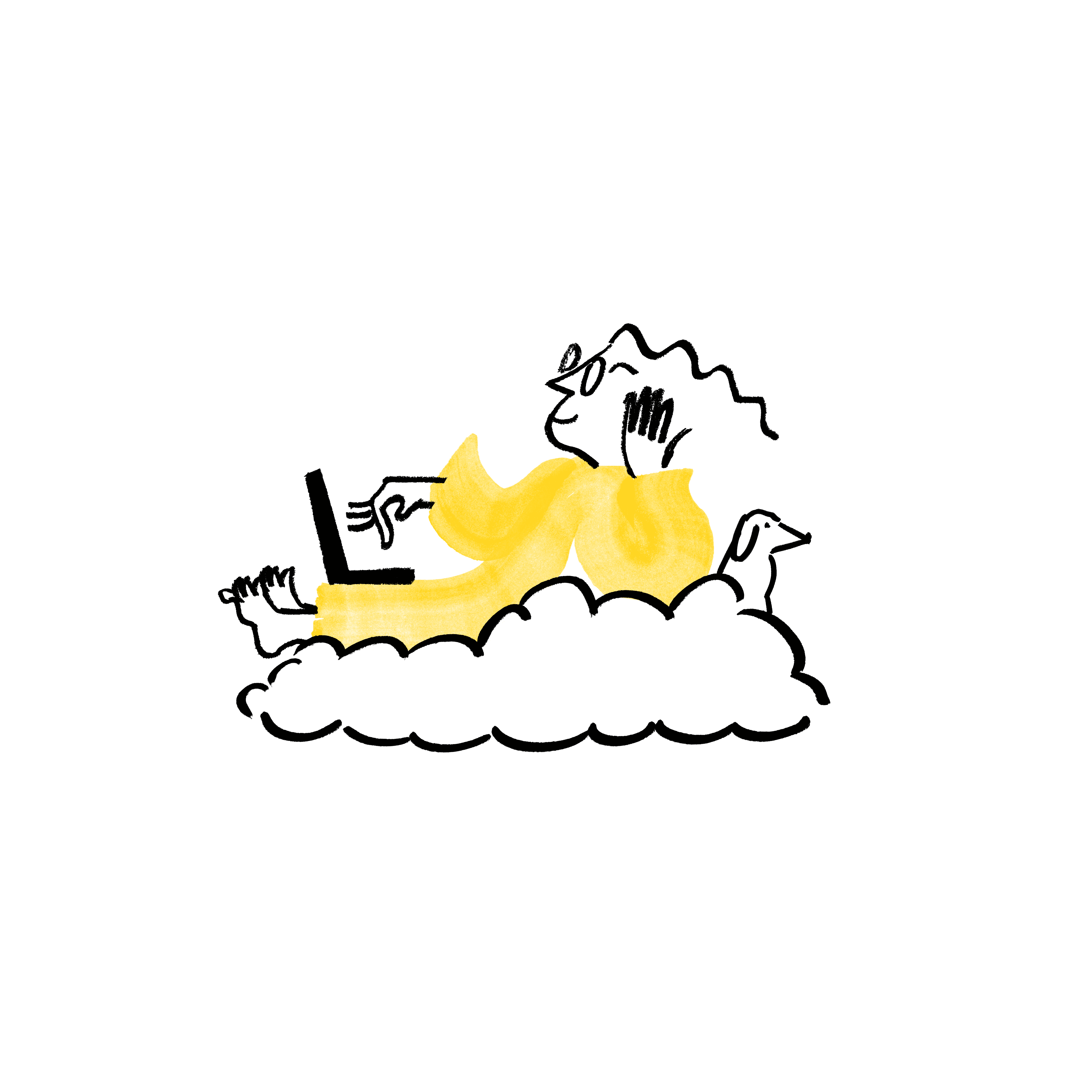 An illustration of Quinn typing on a laptop as they rest on a cloud with their dog